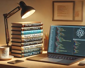 coding-journey-stack-of-books-laptop-coffee-desk-React-Django-learning small